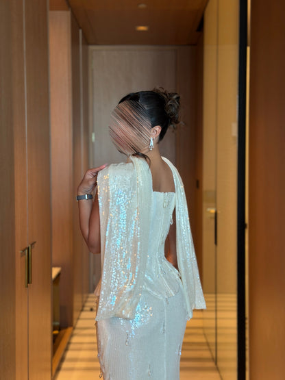 Strapless Sequin Peplum Mermaid Gown with Shawl