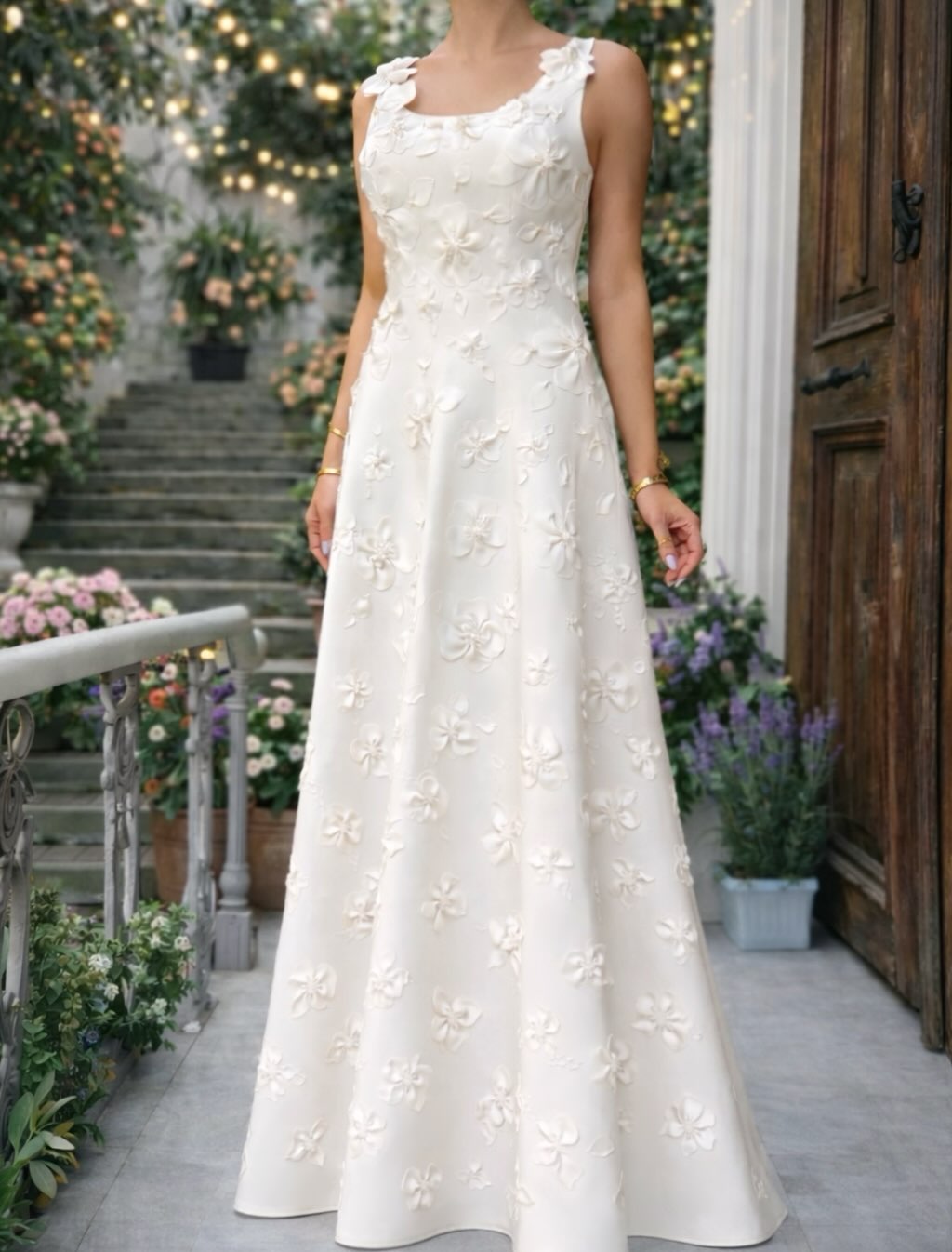 Romantic 3D Floral Pearl Embellished A-Line Gown