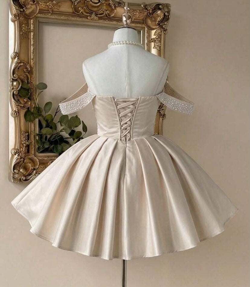 Pearl Embellished Corset Satin Mini Ball Gown