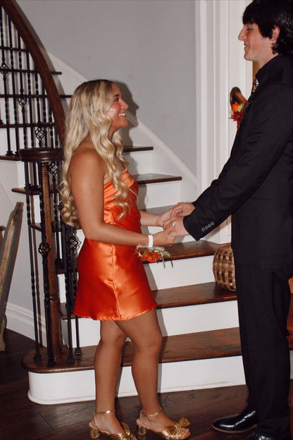 Minimalist Strapless Satin Sheath Mini Dress