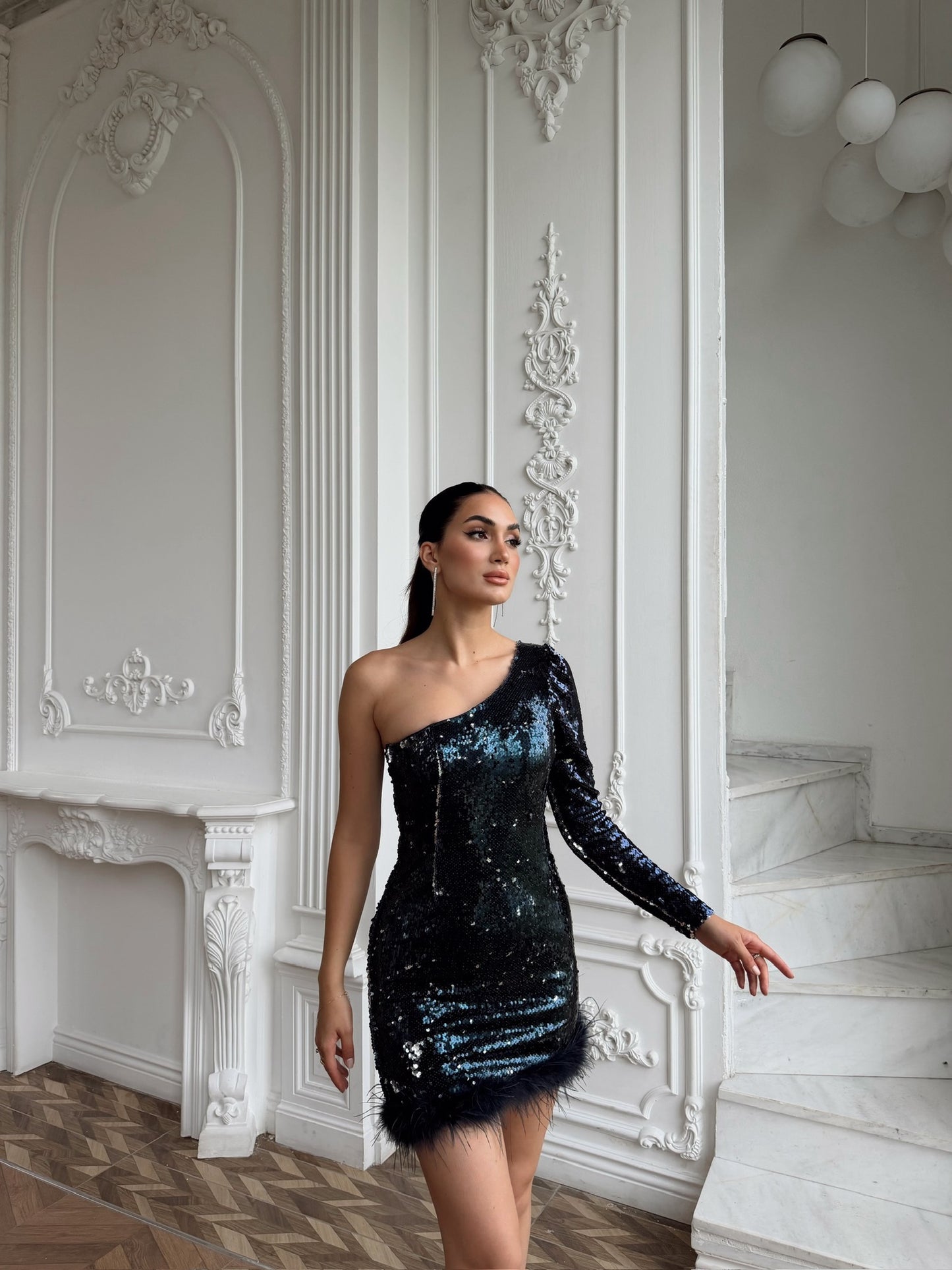 One-Shoulder Sequin Mini Dress with Feather Trim