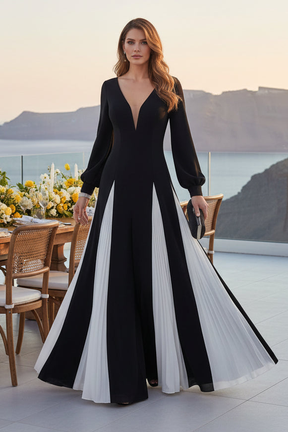 Deep V-Neck Pleated Contrast Inset Evening Gown