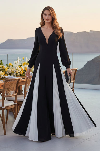Deep V-Neck Pleated Contrast Inset Evening Gown