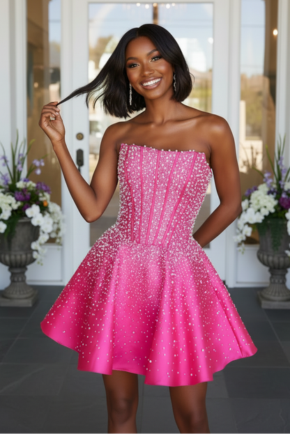 Pearl-Embellished Strapless Corset Mini Dress