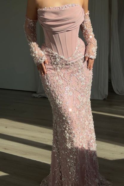 Beaded Corset Mermaid Gown with Sheer Sleeves