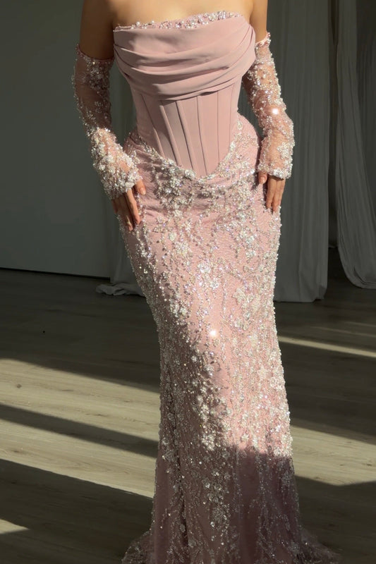 Beaded Corset Mermaid Gown with Sheer Sleeves