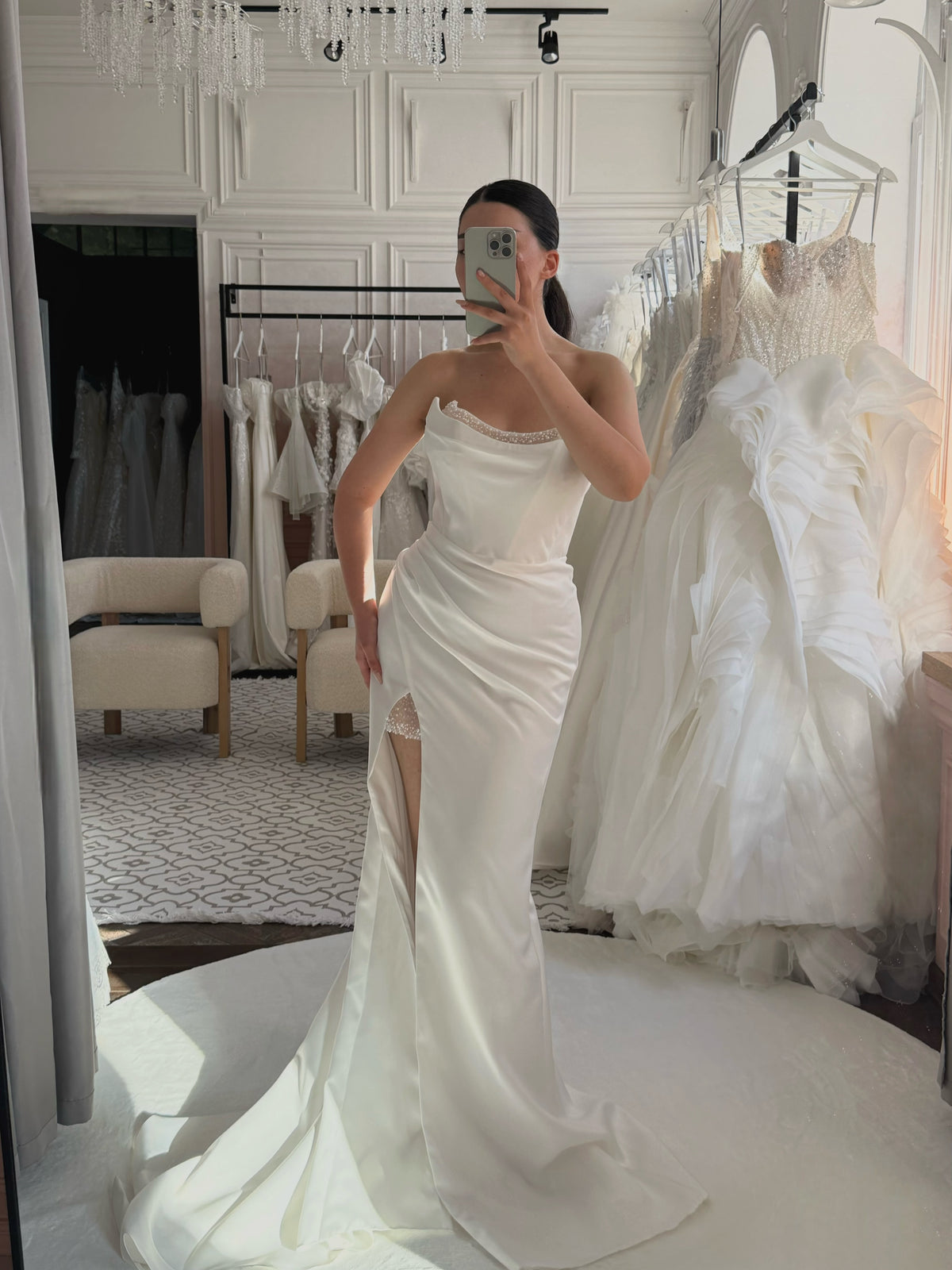 Strapless Ruched Satin Wedding Dress with Slit