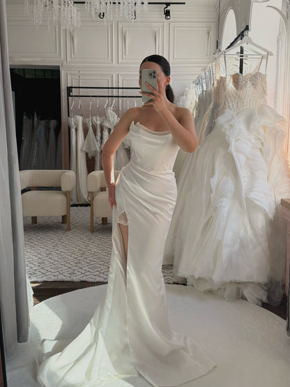 Strapless Ruched Satin Wedding Dress with Slit