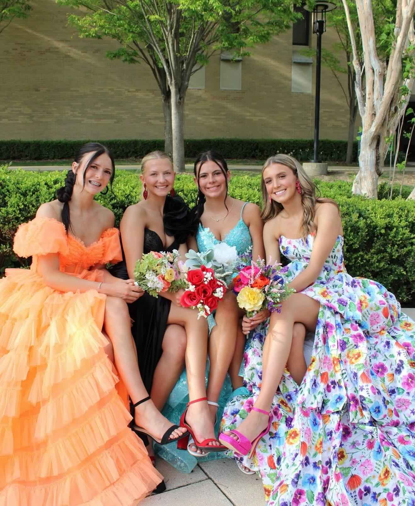 Strapless Floral Print High-Low Ball Gown