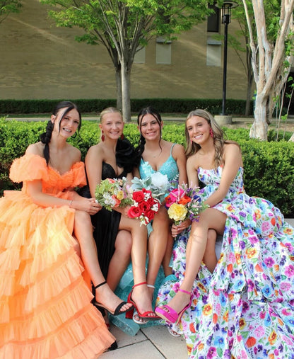 Strapless Floral Print High-Low Ball Gown