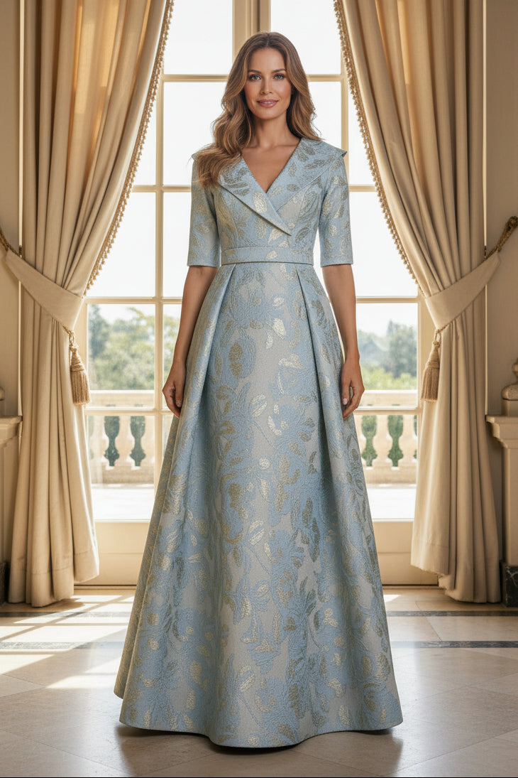 Jacquard A-Line Gown with Portrait Collar & Elbow Sleeves