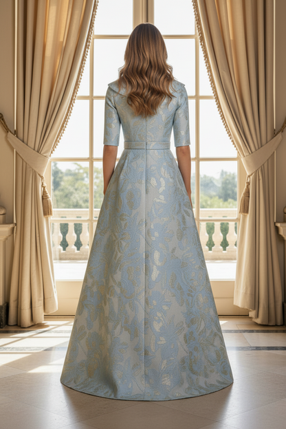 Jacquard A-Line Gown with Portrait Collar & Elbow Sleeves