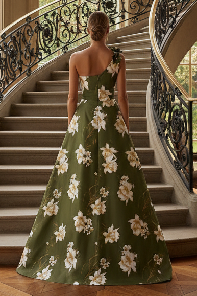 Floral Print One-Shoulder A-Line Evening Gown