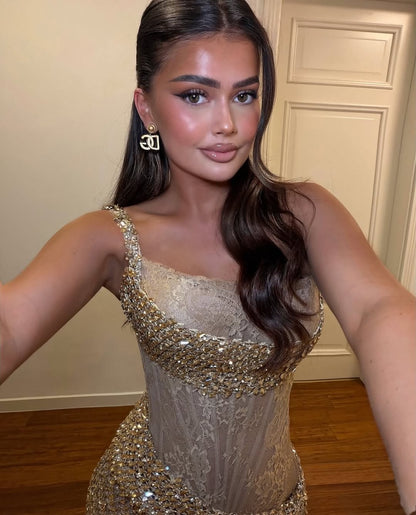 Asymmetric Corset Beaded High-Slit Gown