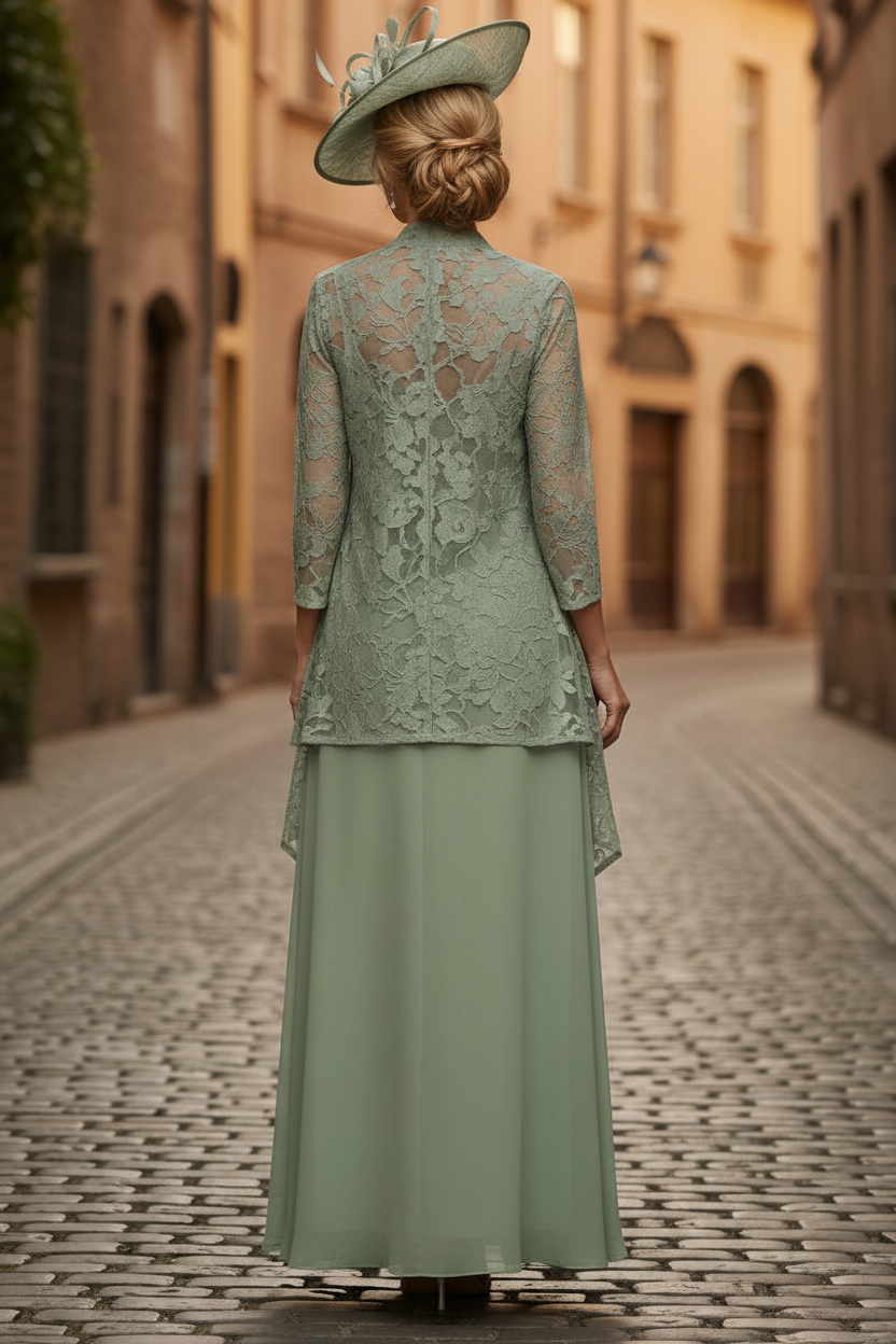 Sage Green Lace Jacket Chiffon Mother of the Bride Dress