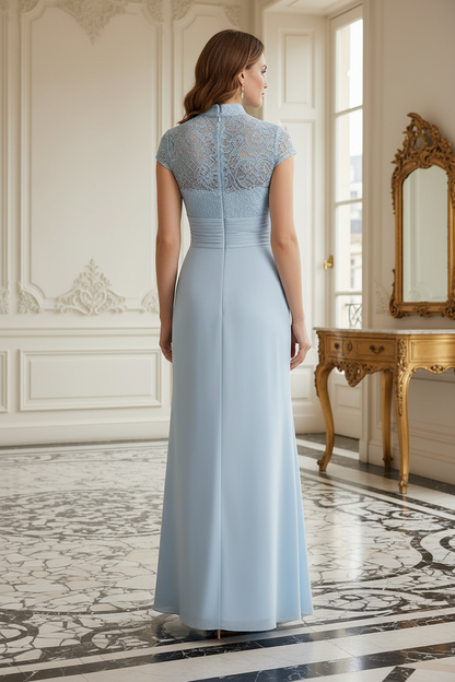 Lace Mandarin Collar Gown with Draped Front Skirt
