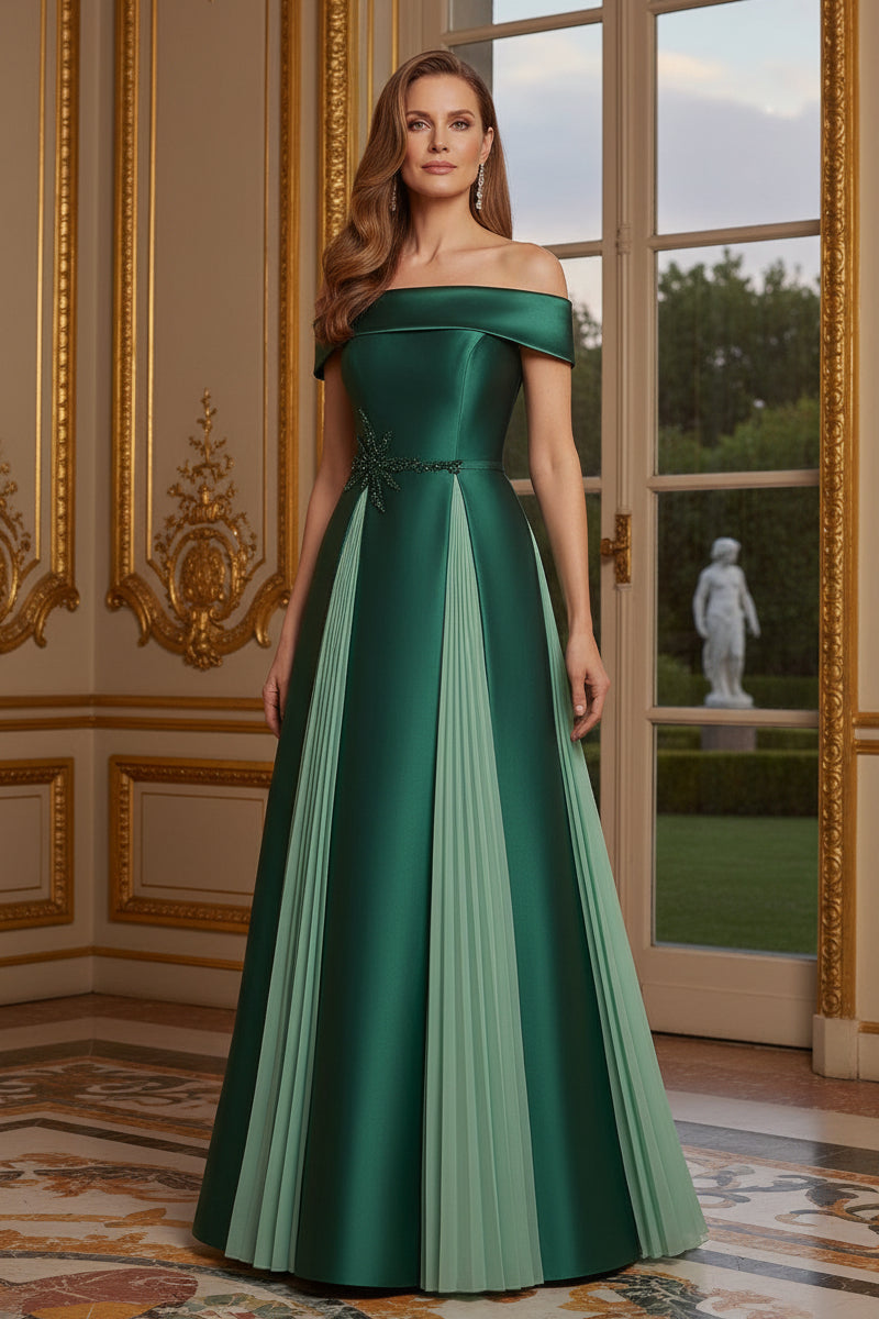 Off-Shoulder A-Line Gown with Pleated Inserts