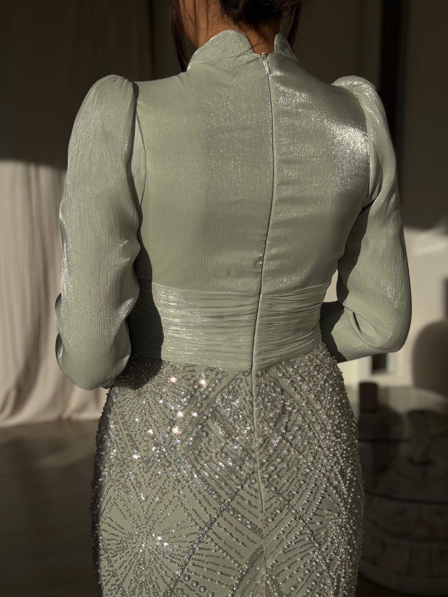 Beaded Sequin Mermaid Evening Gown with Long Sleeves