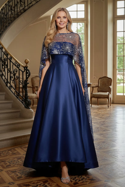 A-Line Evening Gown with Sequin Floral Cape