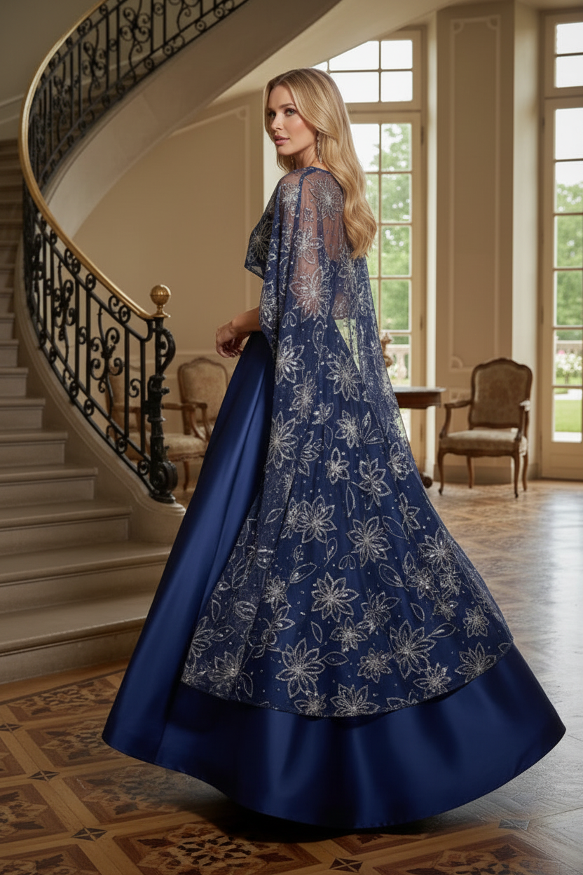 A-Line Evening Gown with Sequin Floral Cape