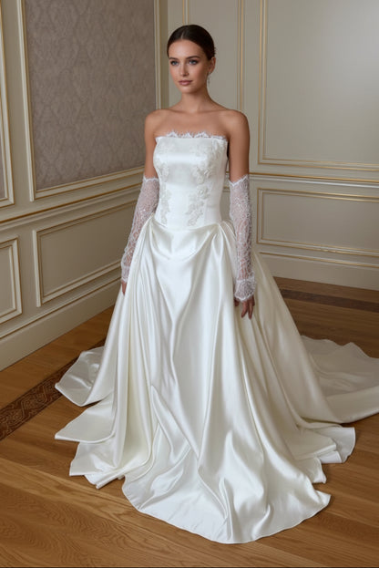 Strapless Satin Ball Gown with Lace Appliques