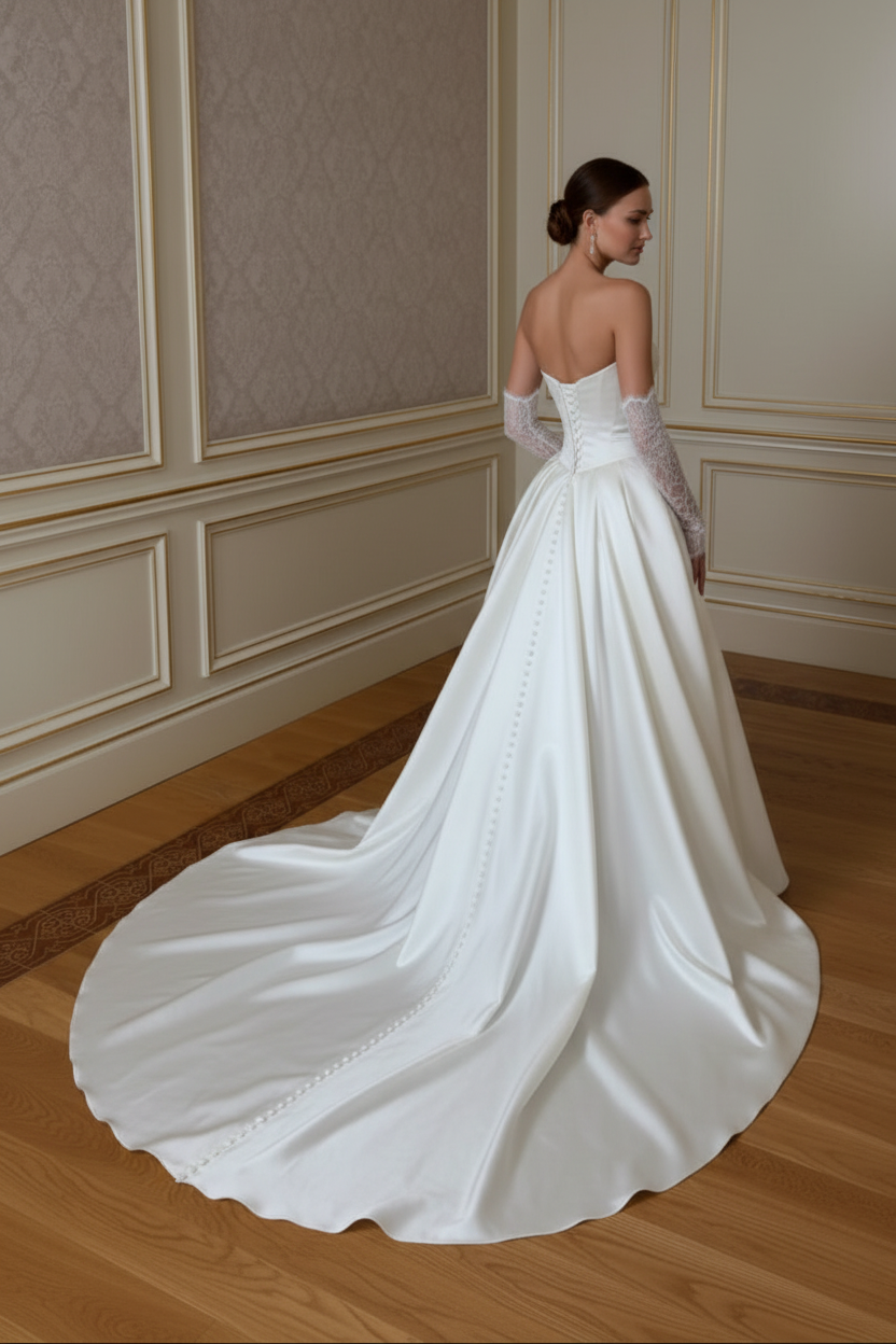 Strapless Satin Ball Gown with Lace Appliques