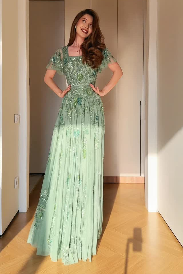 Embellished Flutter Sleeve Square Neck A-Line Gown