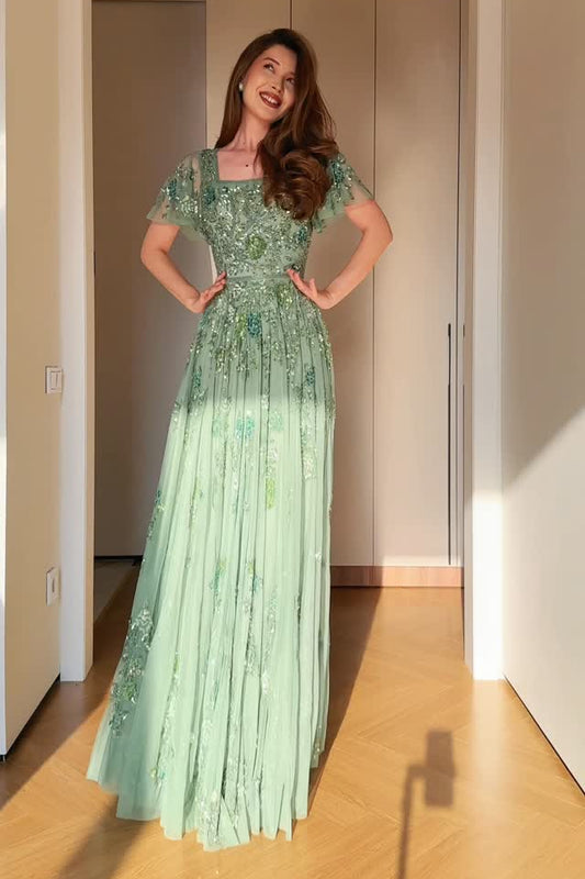 Embellished Flutter Sleeve Square Neck A-Line Gown