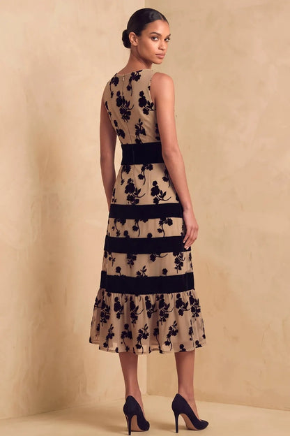 Floral Flocked Midi Dress with Ruffle Hem