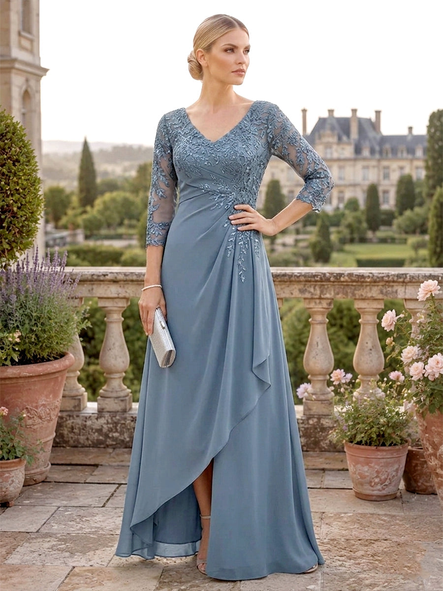 Lace Bodice 3/4-Sleeve Chiffon Evening Gown