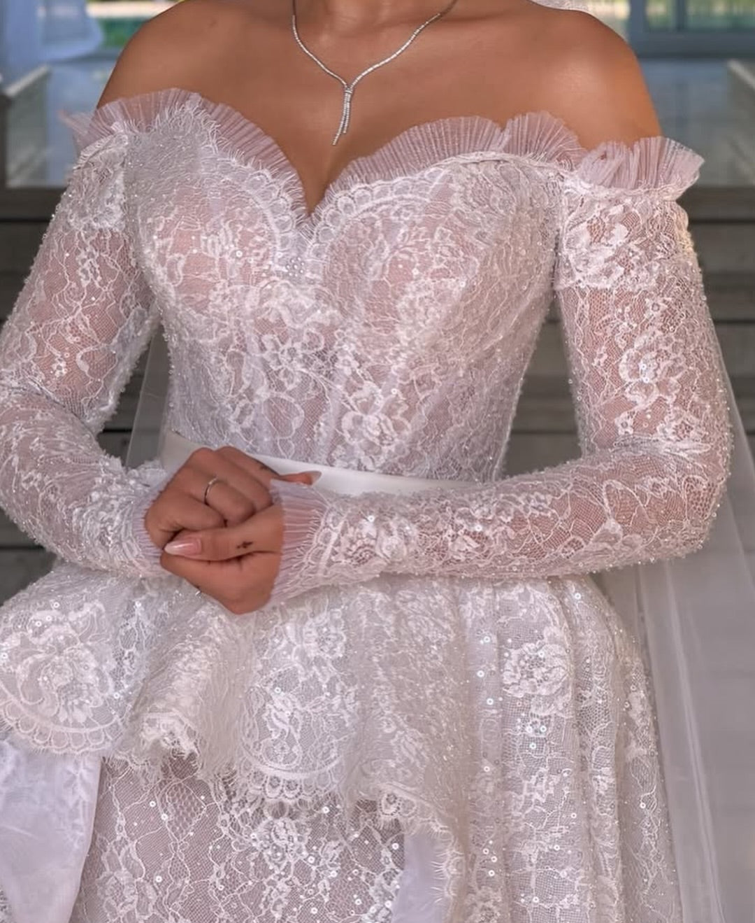 Off-Shoulder Lace Mermaid Wedding Dress with Overskirt