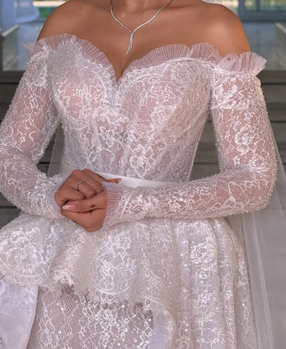 Off-Shoulder Lace Mermaid Wedding Dress with Overskirt