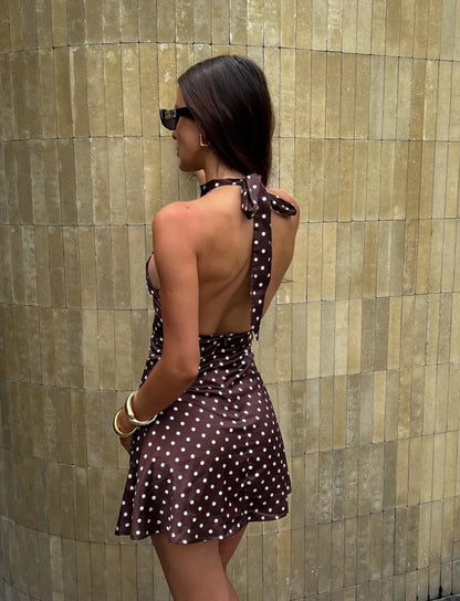 Satin Polka Dot Halter Neck Mini Dress