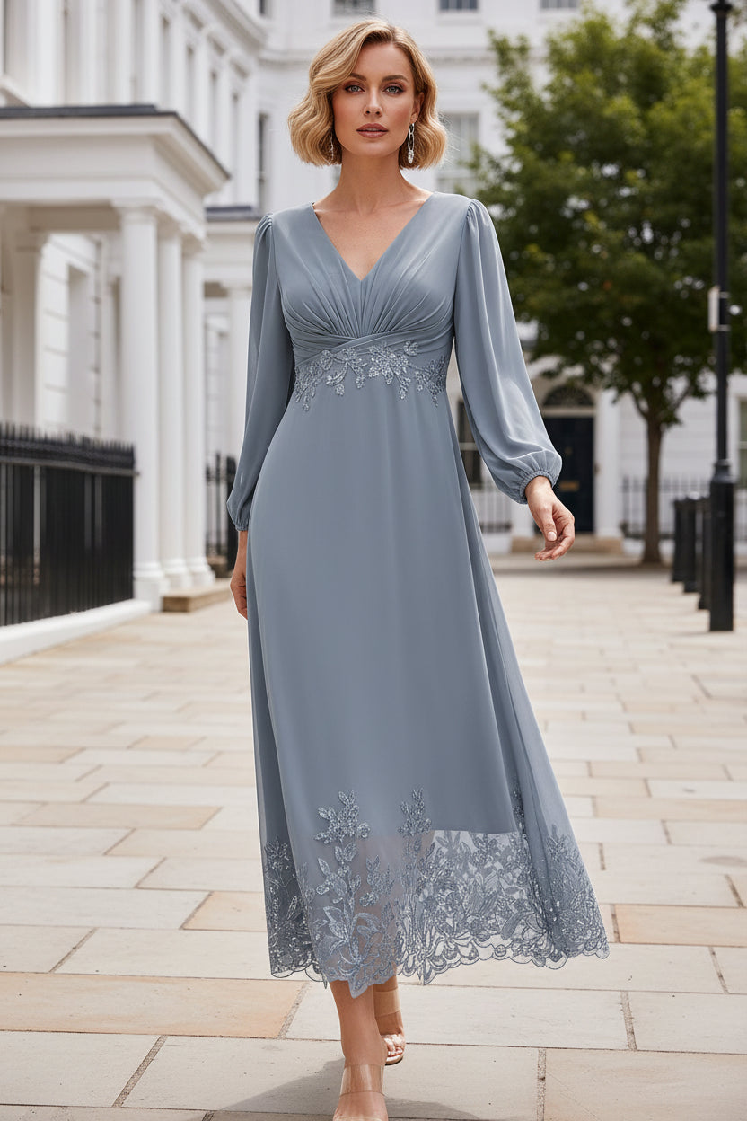V-Neck Long Sleeve Midi Dress with Floral Lace