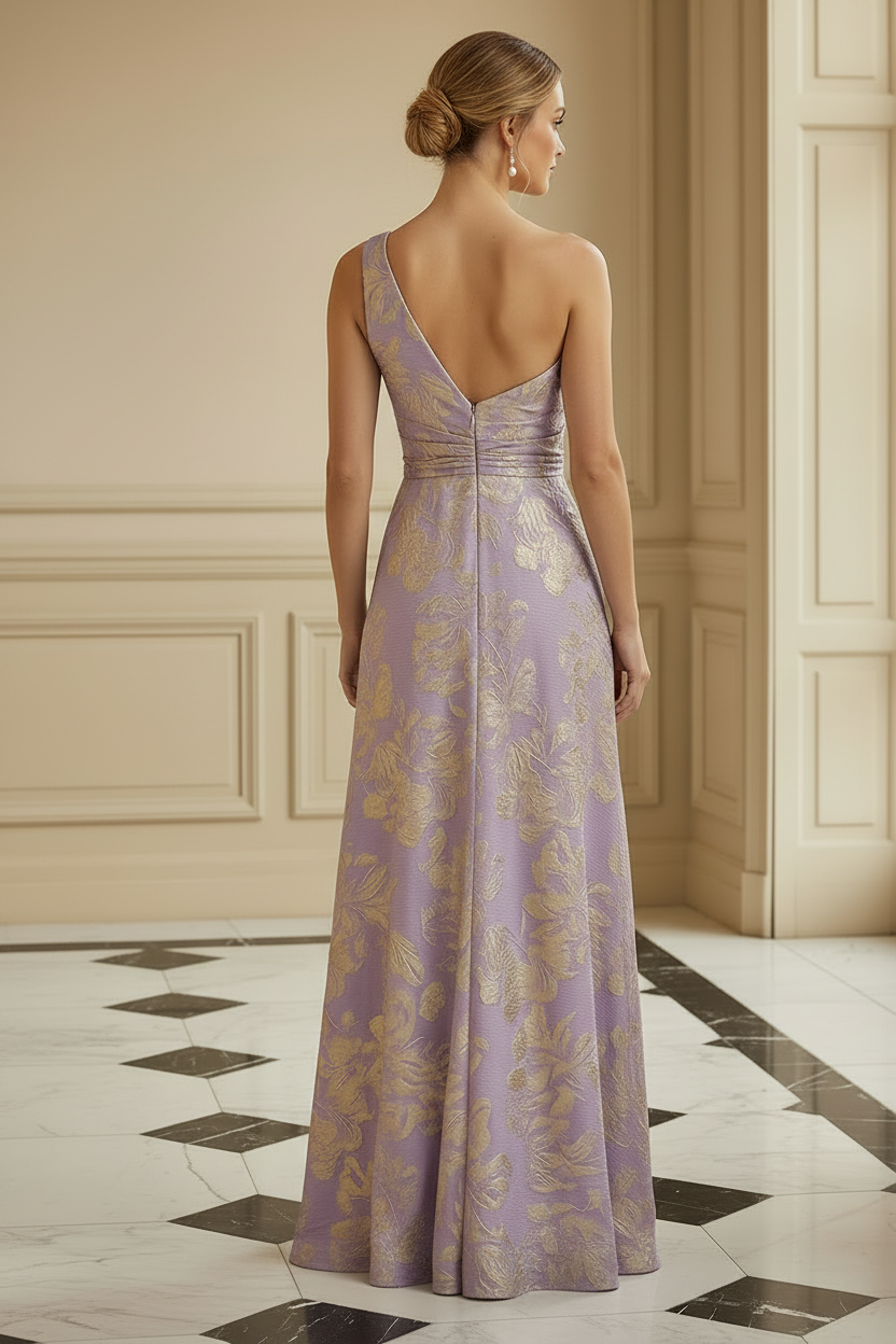 One-Shoulder Metallic Jacquard A-Line Evening Gown