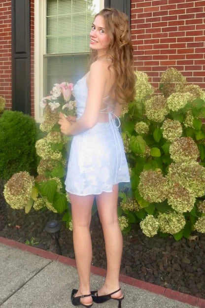 Floral Jacquard Tie-Back Mini Dress