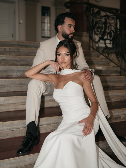 Strapless Wedding Dress with Trailing Neck Drape