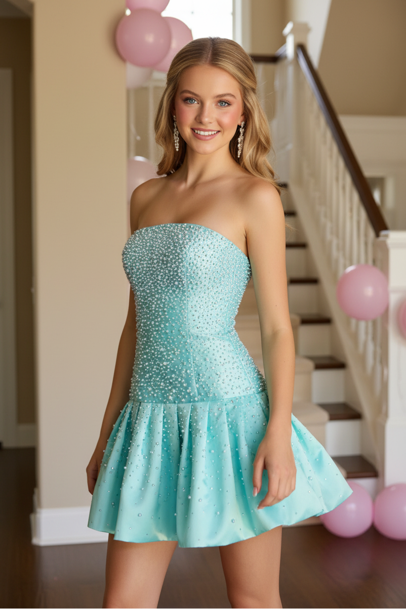 Strapless Pearl Beaded Bubble Skirt Mini Dress