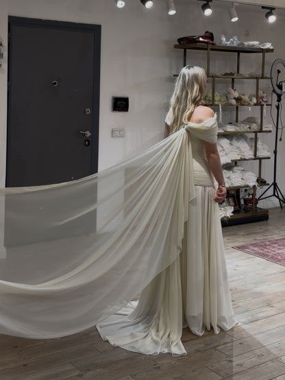 Strapless Ruched Wedding Dress with Cape Train
