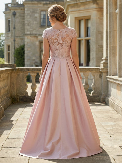 Lace Cap Sleeve Pleated A-Line Evening Gown