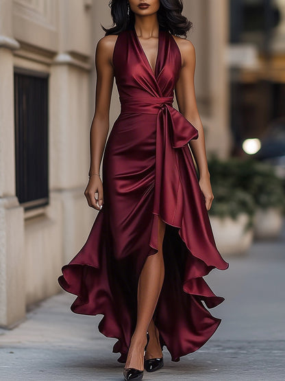 Satin Halter Wrap Maxi Dress with High Slit