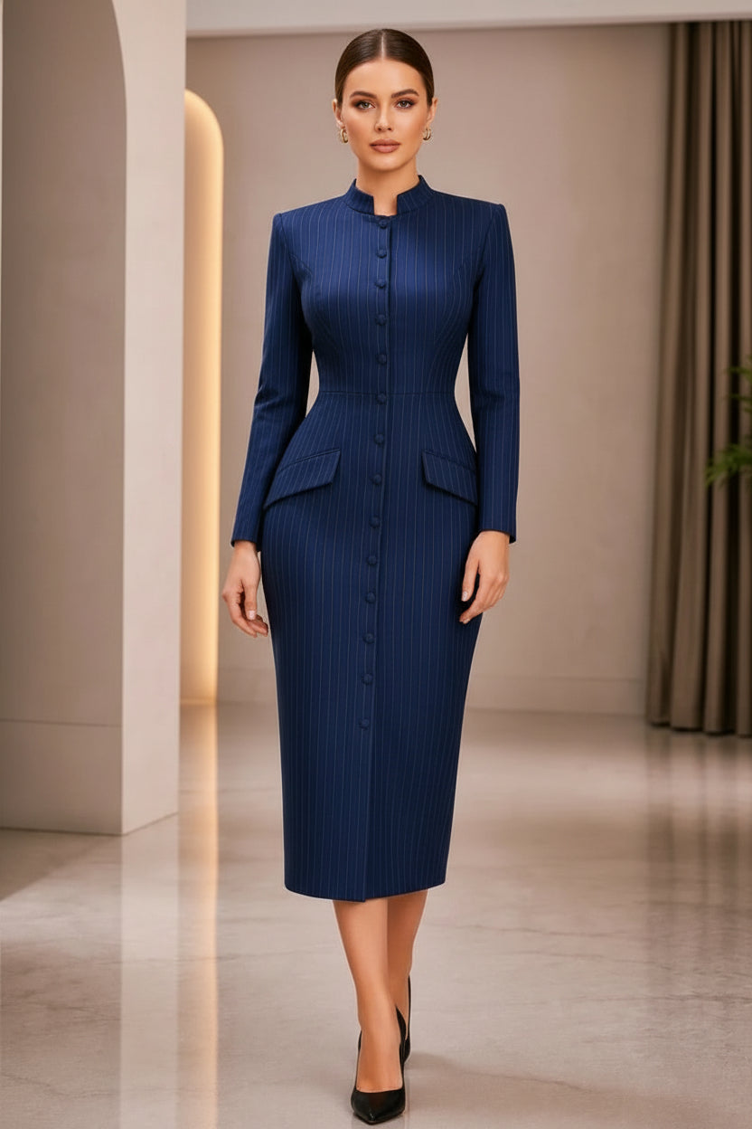 Pinstripe Button-Front Midi Sheath Dress