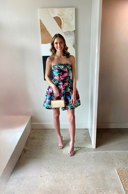 Strapless Fit and Flare Floral Print Mini Dress