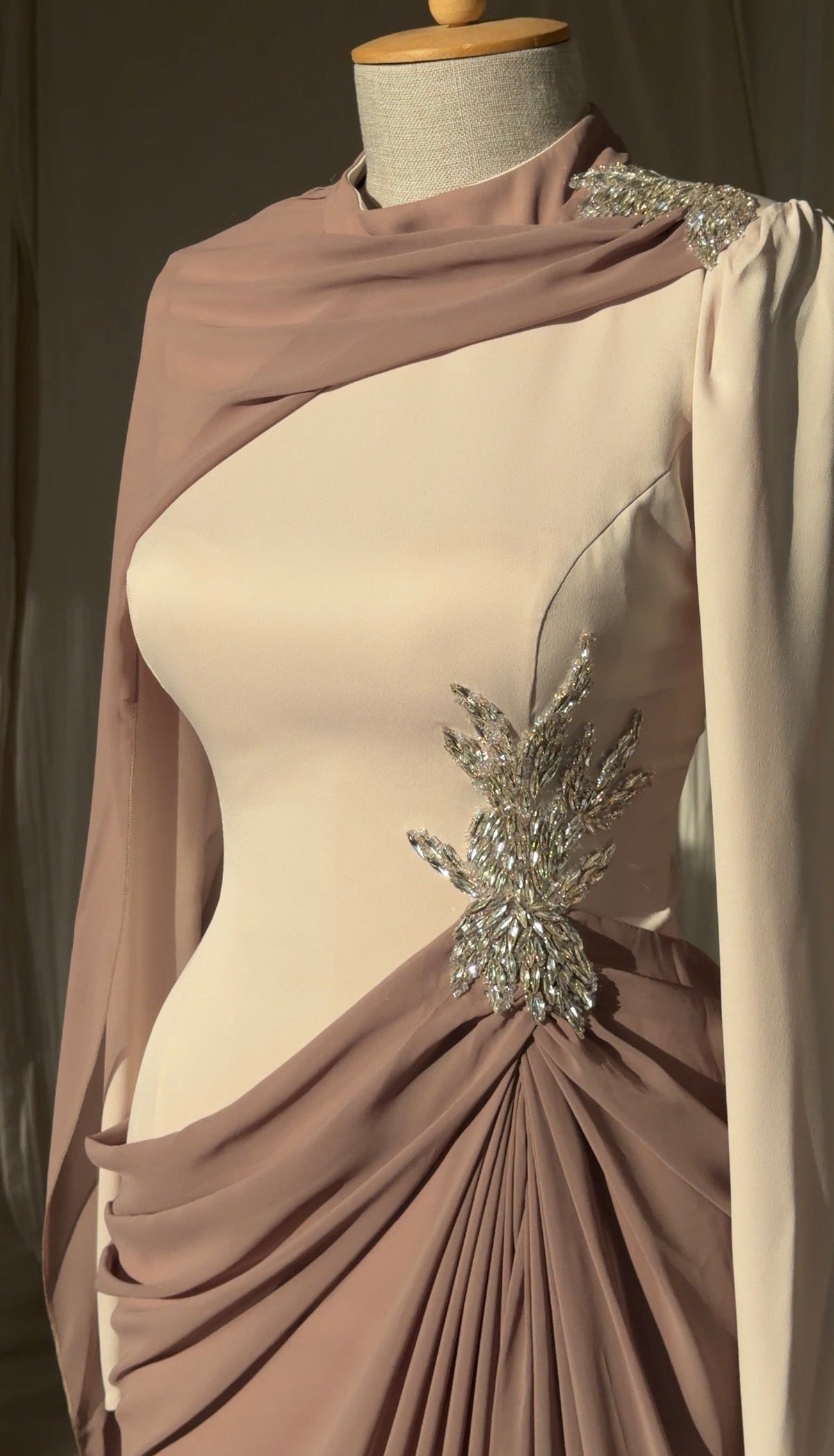 Draped Cape Gown with Crystal Embellishment
