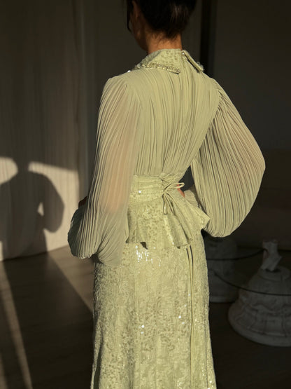 Pleated Blouson Bodice Sequin Peplum Gown