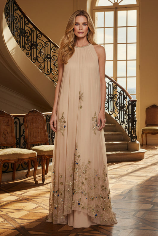 Backless Halter Evening Gown with Floral Embroidery