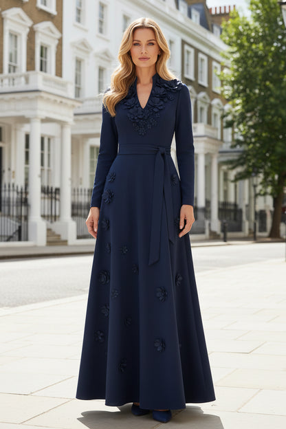 Long Sleeve Floral Applique A-Line Formal Gown