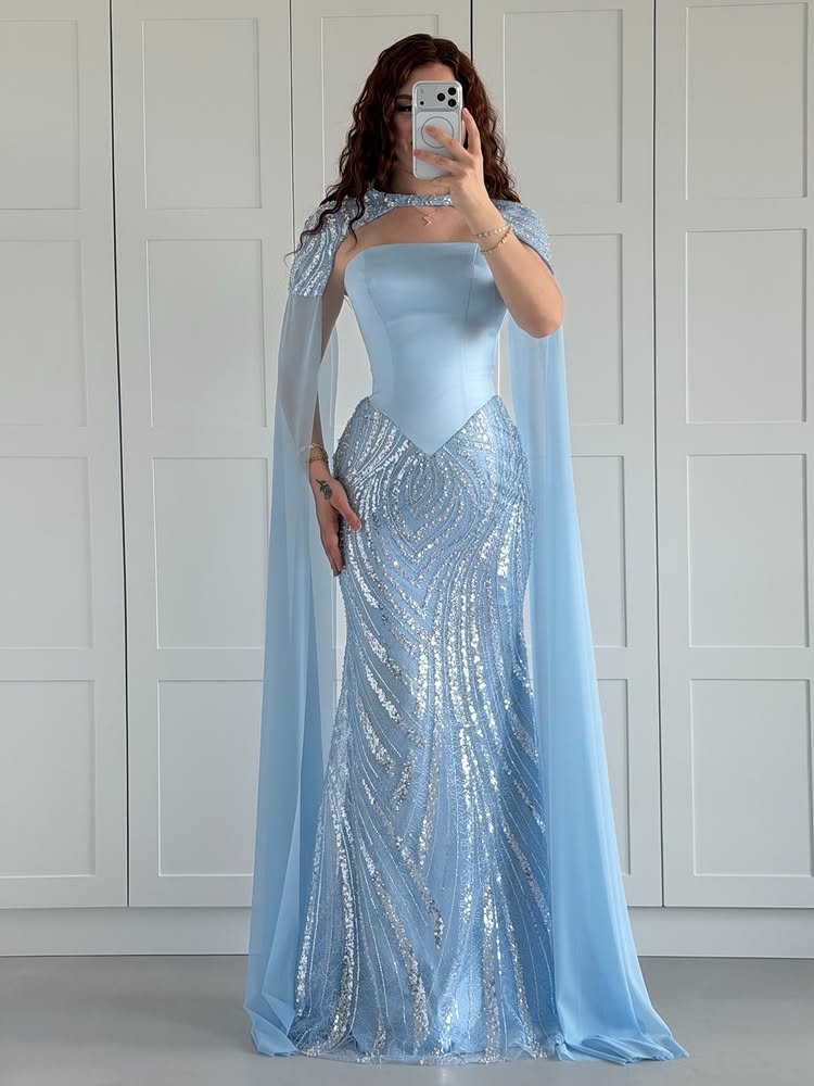Sequin Mermaid Gown with Chiffon Cape Sleeves