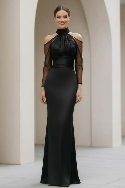 Cold Shoulder Halter Mesh Sleeve Mermaid Maxi Dress