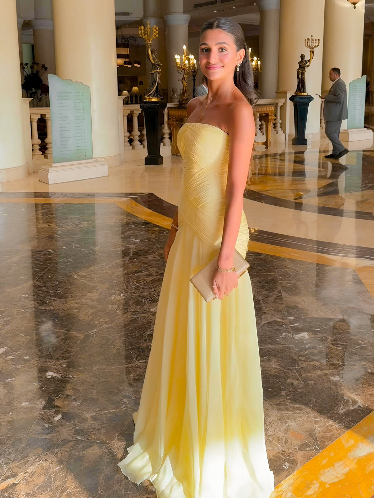Strapless Ruched Bodice A-Line Chiffon Gown
